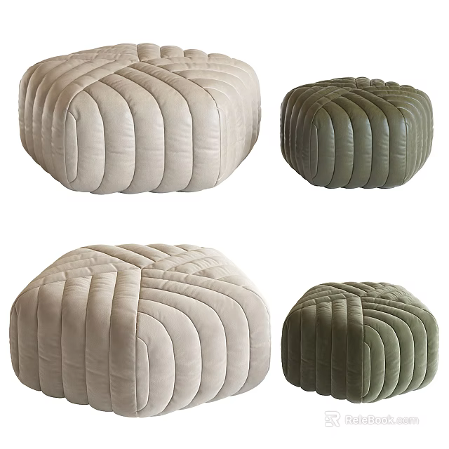 Modern Pleated Design Sofa Stools in Beige and Green Upholstered Style 3d model 