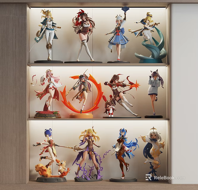 Colorful Anime Character Figures Displayed on Multi Layer Display Shelf with Various Poses 3d model 
