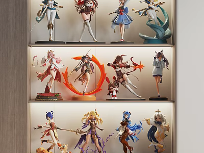Colorful Anime Character Figures Displayed on Multi Layer Display Shelf with Various Poses 3d model