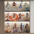 Colorful Anime Character Figures Displayed on Multi Layer Display Shelf with Various Poses 3d model