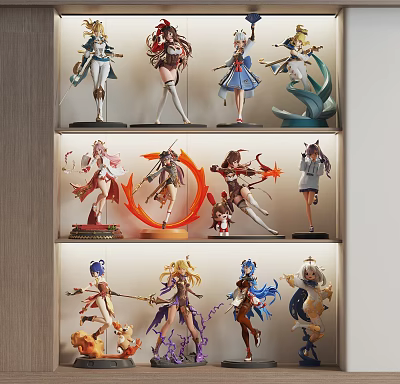 Colorful Anime Character Figures Displayed on Multi Layer Display Shelf with Various Poses 3d model