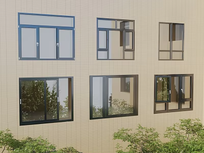 Modern Casement Windows Design With Black Frames On Building Exterior And Greenery 3d model