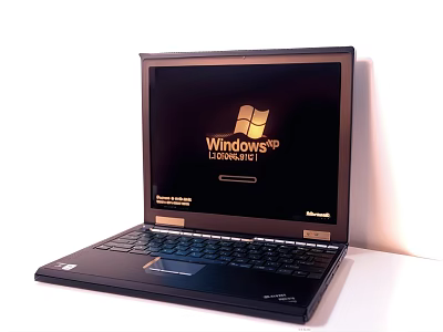 Classic Black Laptop Displaying Windows XP Login Screen on White Background 3d model