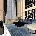 Elegant Modern Duplex Living Room Interior With Blue Sofa Coffee Table TV Cabinet And Curtains