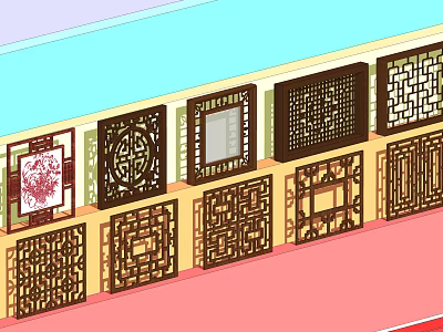 Traditional Decorative Lattice Windows With Various Wooden Carved Patterns On Wall 3d model