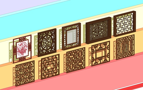 Chinese cut-out window, square window, carved window 3d model