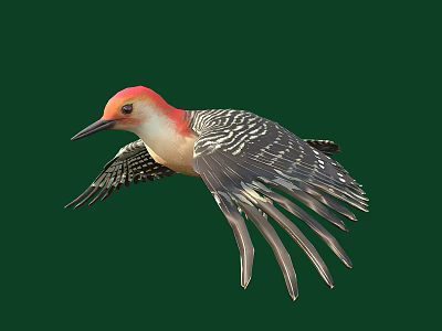 Flying Animal Woodpecker Flying With Red Head Black And White Stripes On Green Background 3d model