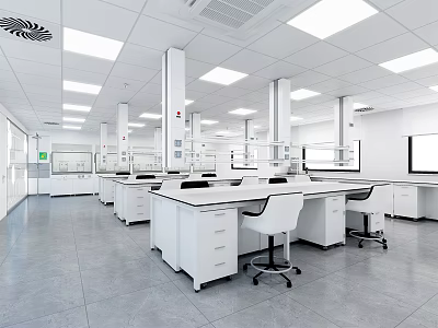 Spacious Modern Laboratory Setup With Bright Lighting White Benches Fume Hoods And Rolling Chairs 3d model