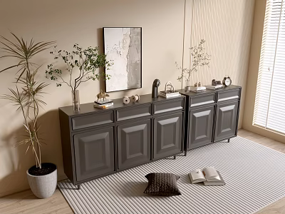 Modern Entryway Cabinet And Sideboard With Potted Plant Framed Artwork Decorative Items And Striped Rug 3d model