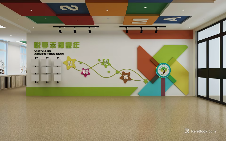 Educational Kindergarten With Colorful Walls Number Decorations Cartoon Patterns And Lockers 3d model 
