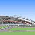 Large Modern Stadium With Curved Roof Green Lawn And Blue Sky Background