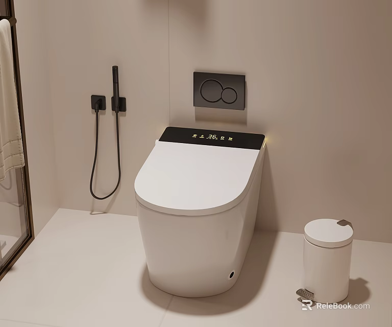 Modern Smart Toilet In Bathroom With Control Panel And Trash Bin 3d model