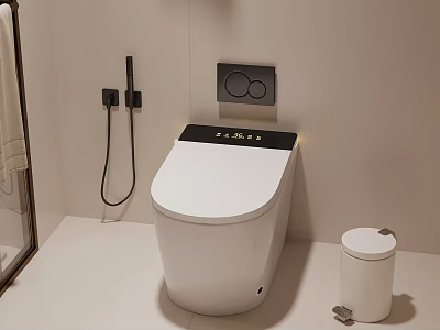 Modern Smart Toilet In Bathroom With Control Panel And Trash Bin 3d model
