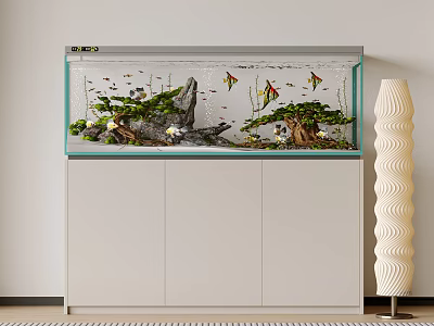 Aquarium Setup With Aquatic Plants Rocks And Fish On Cabinet 3d model