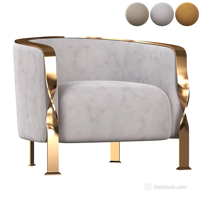 Elegant Gray Single Sofa with Golden Metal Trim and Plush Velvet Upholstery 3d model 