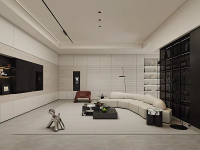 Spacious Modern Minimalist Living Room With Comfortable Curved Sofa And Stylish Built In Storage Cabinets 3d model