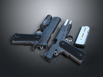 Modern Black Handguns With Tactical Light Attachment And Magazine On Gray Surface 3d model
