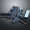 Modern Black Handguns With Tactical Light Attachment And Magazine On Gray Surface