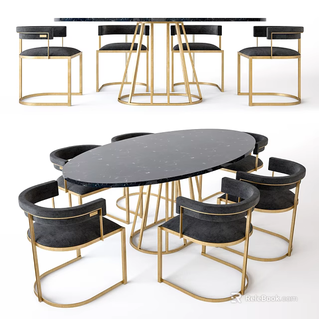 Stylish Table And Chair Set With Black Marble Top Gold Frame And Upholstered Seats 3d model 