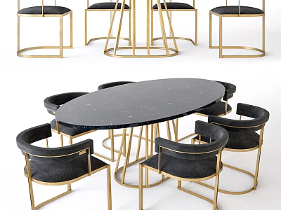 Stylish Table And Chair Set With Black Marble Top Gold Frame And Upholstered Seats 3d model