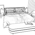 Double Bed With Green Checkered Quilt Wooden Headboard Purple Bench And Brown Chair