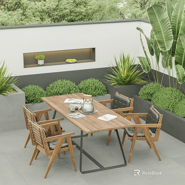Wooden Outdoor Table With Chairs And Lush Green Plants In Modern Patio 3d model 