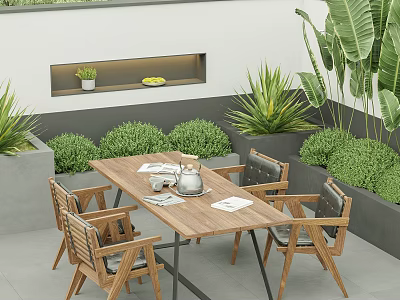 Wooden Outdoor Table With Chairs And Lush Green Plants In Modern Patio 3d model