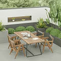 Wooden Outdoor Table With Chairs And Lush Green Plants In Modern Patio