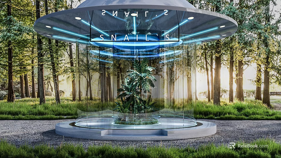 Modern Garden Ornament Transparent Glass Structure with Green Plant and Surrounding Trees 3d model 