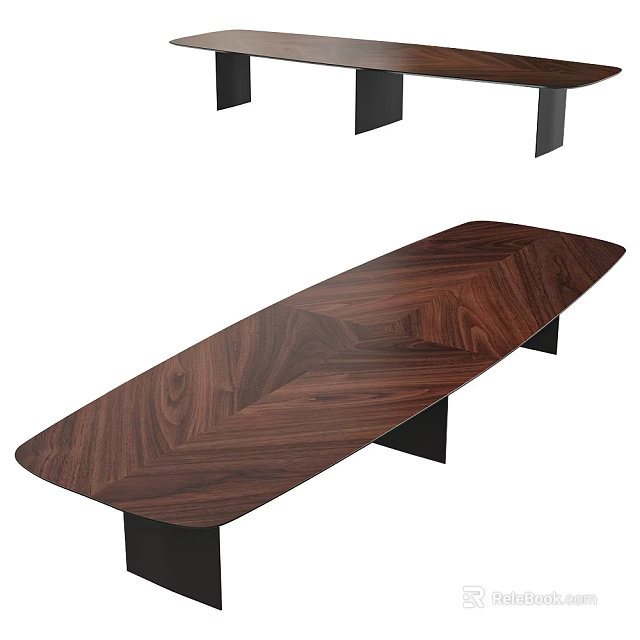 Modern Wooden Conference Table With Walnut Herringbone Pattern And Black Legs 3d model 