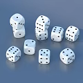 White Dice with Black Dots Scattered and Stacked as Everyday Household Items
