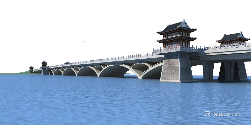 Traditional Stone Arch Bridge With Multiple Arches And Tower Spanning Blue Water 3d model 