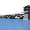 Traditional Stone Arch Bridge With Multiple Arches And Tower Spanning Blue Water