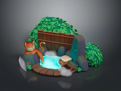 Cartoon Cat Relaxing Near Hot Spring With Wooden Deck Green Plants Stone And Steam 3d model