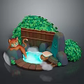 Cartoon Cat Relaxing Near Hot Spring With Wooden Deck Green Plants Stone And Steam