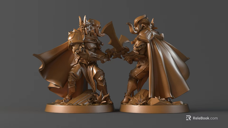 Carved Warrior Sculptures with Golden Bronze Finish Dueling Pose Cloak Axe and Intricate Armor Details 3d model 
