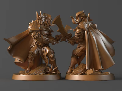 Carved Warrior Sculptures with Golden Bronze Finish Dueling Pose Cloak Axe and Intricate Armor Details 3d model