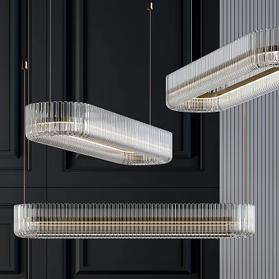 Modern Linear Transparent Crystal Chandeliers Hanging In Dark Interior Space 3d model Modern Linear Transparent Crystal Chandeliers Hanging In Dark Interior Space 3d model