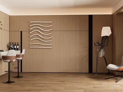 Modern Sofa Background Wall With Wooden Panels Decorative Wave Lines And Floor Lamp 3d model