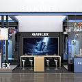 Modern HUAWEI and GANLEX Exhibition Booth With Blue Pillars Display Screens and Product Showcases