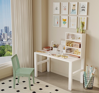 Cream Style Children's Desk Chair Writing Desk Study Table Hanging Picture Wall Decoration 3d model