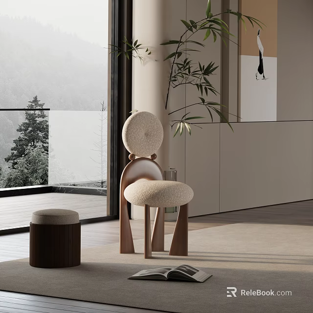 Modern Leisure Chair in Bright Room with Large Window Mountain View and Indoor Plant 3d model 