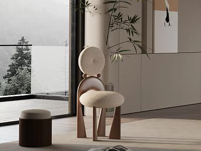 Modern Leisure Chair in Bright Room with Large Window Mountain View and Indoor Plant 3d model