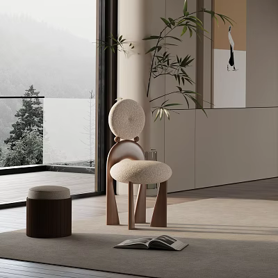Modern Leisure Chair in Bright Room with Large Window Mountain View and Indoor Plant 3d model