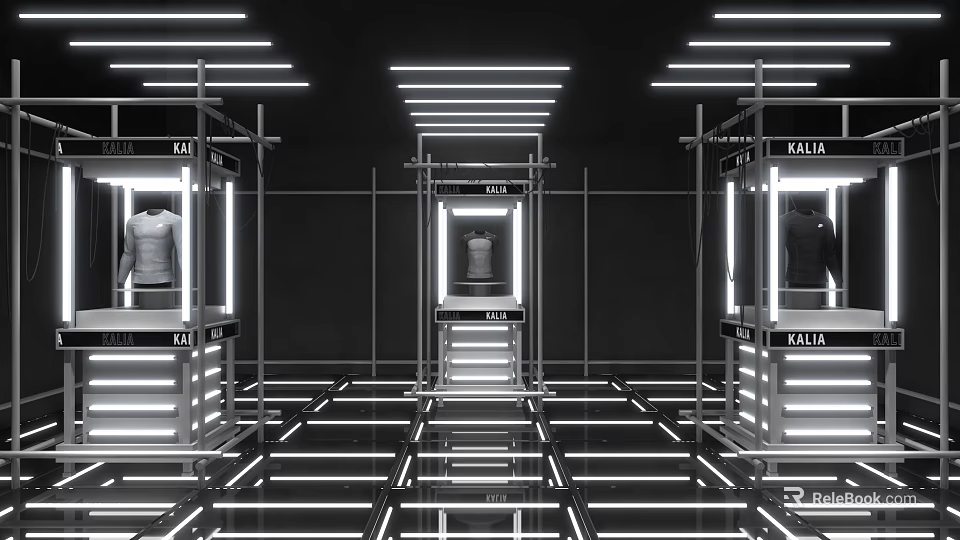 Modern KAIAA Clothing Showcase with Glass Display Cases LED Lighting and Reflective Floors 3d model 
