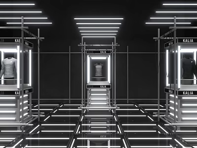 Modern KAIAA Clothing Showcase with Glass Display Cases LED Lighting and Reflective Floors 3d model