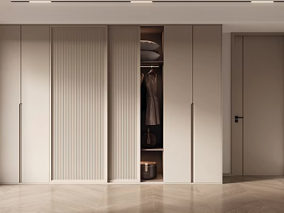 Modern Light Beige Wardrobe With Sliding Doors And Interior Hanging Storage Space 3d model