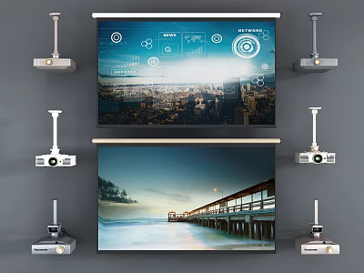 Multiple Projectors And Projection Screens Displaying Scenic And Urban Images Setup 3d model