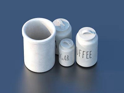 White Kitchen Storage Jars In Various Sizes With Sugar And Coffee Labels 3d model