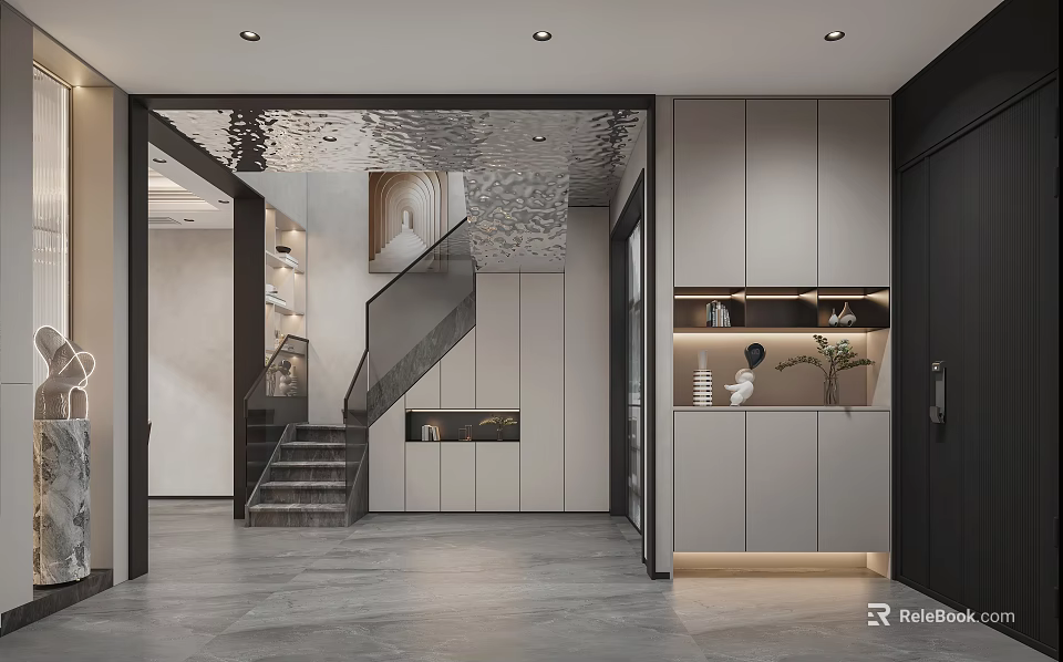 Modern Foyer Interior With Storage Cabinets Staircase And Lighting 3d model